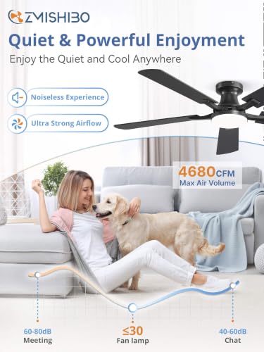 ZMISHIBO 52-Inch Black Ceiling Fan with Lights, Remote & App Control, Flush Mount