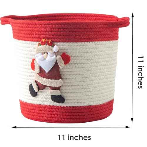 Christmas Basket with Santa Claus Doll, Woven Cotton Rope Christmas Storage Basket with Handles, Christmas Toy Baskets for Baby Towels, Diapers, Pet Toy Storage Basket, Red