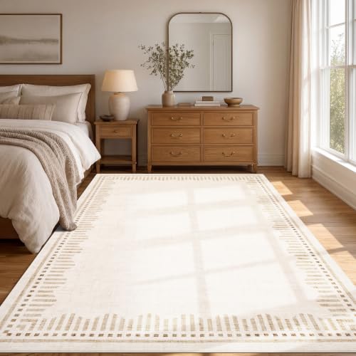 Garvee 5x7 Beige Washable Non-Slip Area Rug with Scalloped Border