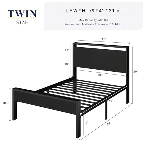 Allewie Twin Size Bed Frame with Metal Slats - Heavy Duty Support, Rustic Black Oak