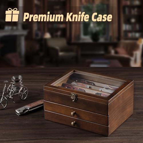 3 Tier Walnut Knife Display Case with Glass Lid and Drawers - Wooden Collection Holder