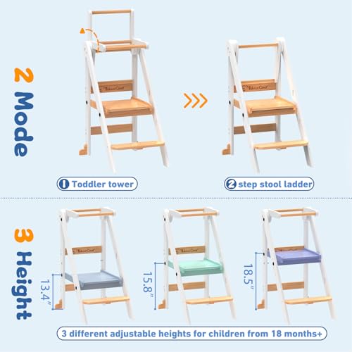 Doerpuz White Foldable Toddler Kitchen Tower with 3 Adjustable Heights