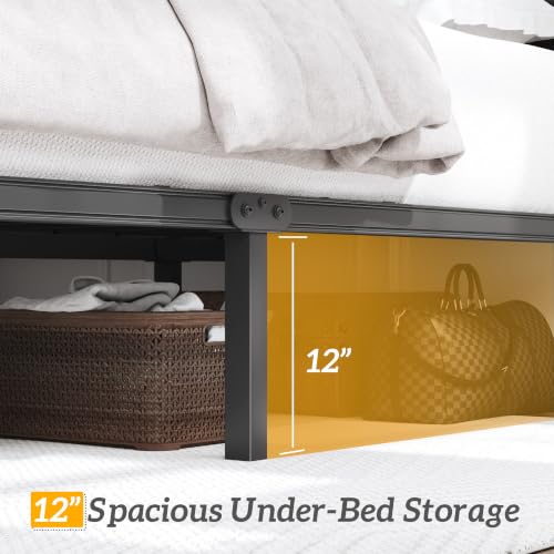 HISOFT Queen Bed Frame with Upholstered Button Tufted Headboard - Black, Platform Support, Under Bed Storage, Noise-Free, Easy Assembly
