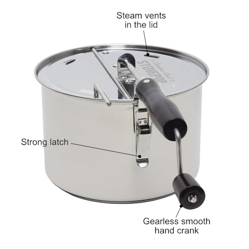 Stainless Steel Popcorn Popper - 6 Qt Induction Range Compatible, Hand Crank, Magnetic Lid