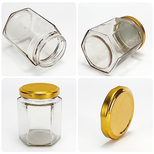 6 oz Honey Jars with Gold Lids & Wooden Dippers - 30 Pack, Hexagon Glass