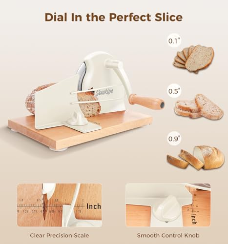SOWKIPE Cream Manual Bread Slicer with Adjustable Thickness, Clear Cover for Sourdough & Baked Goods