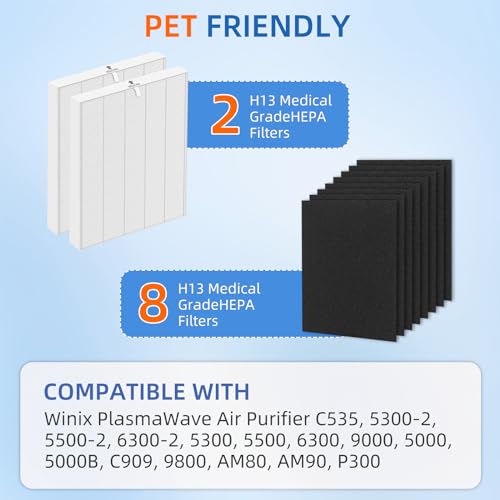 Pulluty White HEPA Air Filter Replacement Pack for Winix C535 5300 6300 Series with 8 Carbon Pre-Filters
