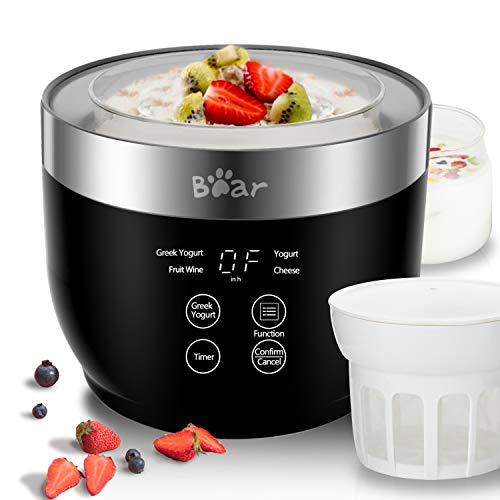Bear Yogurt Maker with Strainer & Timer Control - 2 x 33.8 oz Capacity, Stainless Steel