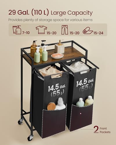 VASAGLE Laundry Sorter 2 Section, Rolling Cart with Shelf 29 Gal.