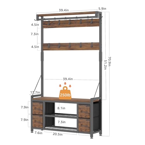 39-Inch Hall Tree with Storage Bench and Coat Rack - Rustic Brown