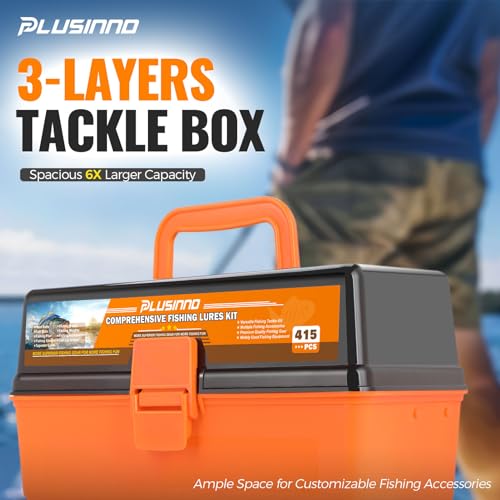 PLUSINNO 3-Layer Fishing Tackle Box Kit with 415 Pcs Lures & Accessories