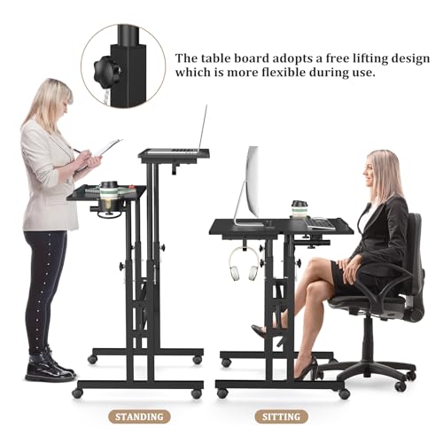Enayplon Small Standing Desk on Wheels - Portable Adjustable Height Mobile Workstation, Black
