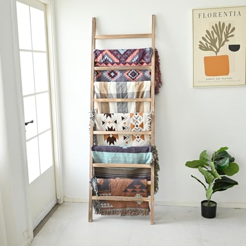 Rustic Wooden Blanket Ladder - 6.4ft Tall, 24 In Wide, 11 Rungs - Burnt Brown
