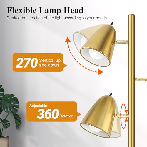 QiMH Brushed Gold Tree Floor Lamp with 3 Adjustable Arms & LED Bulbs, Modern Standing Tall Pole Light for Living Room & Bedroom