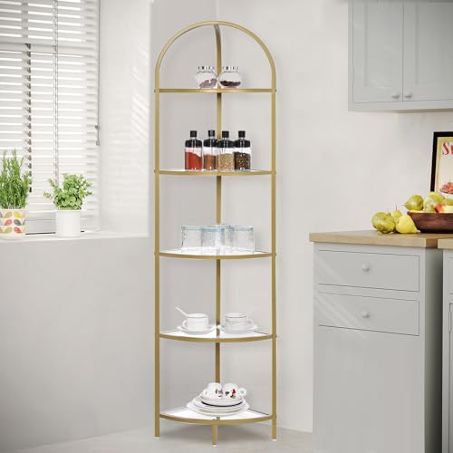 Homhedy 5-Tier Gold Corner Shelf Stand - Stylish Metal Glass Bookcase & Organizer
