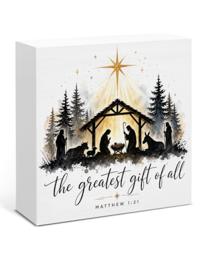 Christian Nativity Wooden Box Sign - Jesus Holiday Decor, 5x5 in