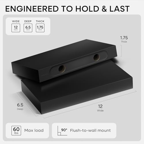 Modern Black Floating Shelves Set of 2 - 12 Inch Solid Pine Wall Storage
