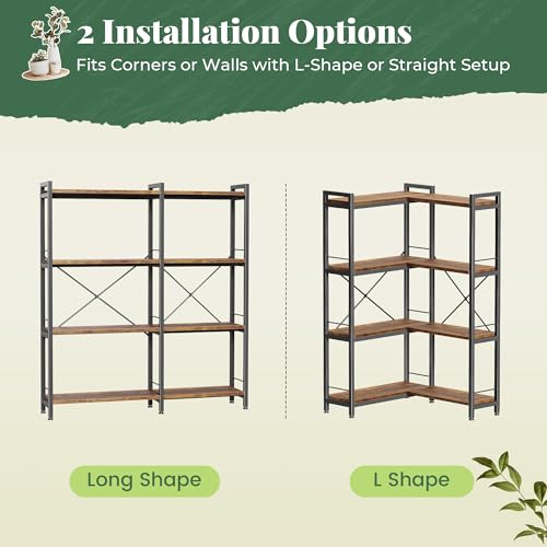 Huuger 4 Tier L-Shaped Corner Bookshelf - Rustic Brown, 8 Shelves, Metal Frame