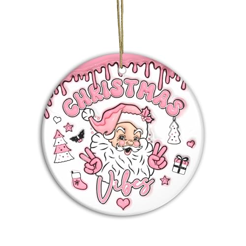SunSky Sending Christmas Vibes 3D Ceramic Ornament – 3" Round Santa, Funny Holiday Gift (Christmas Vibe)