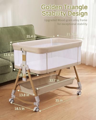 Wnttmt Beige 3-in-1 Baby Bassinet Bedside Crib with Wheels & Adjustable Heights