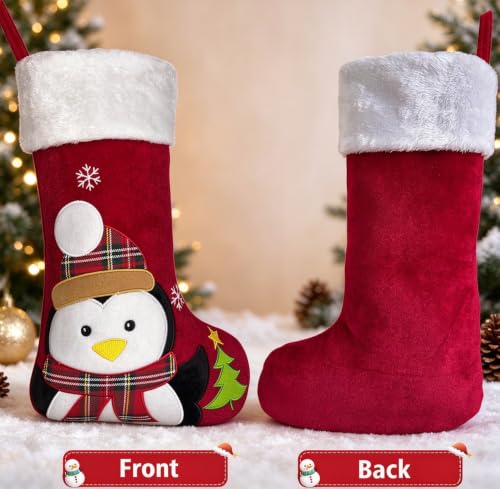 BOffer Red Penguin 20in Velvet Animal Christmas Stocking with 3D Deer, Bear, Snowman – Lined Xmas Stocking for Kids