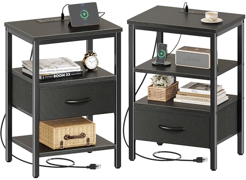 M-2 Nightstand Set of 2 with Charging Station Black 11.8"D x 15.7"W x 23.4"H