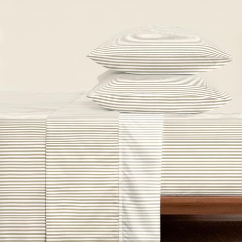Wake In Cloud Queen Size Striped Bed Sheets Set - Light Brown & White Farmhouse Bedding