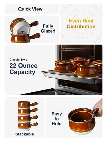 22 Ounce Ceramic Soup Bowls with Handles - Set of 4 French Onion & Soup Crocks, Oven Safe & Stackable