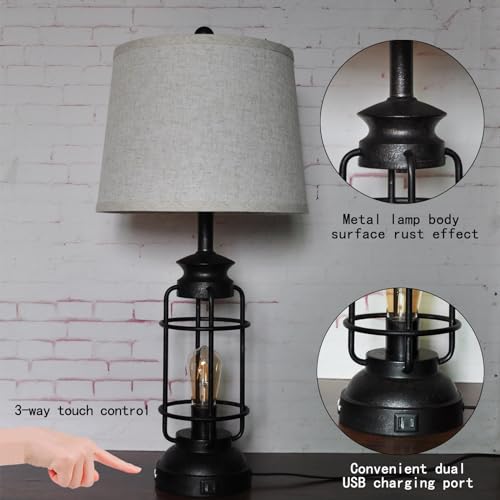 Set of 2 Rustic Industrial Touch Table Lamps with USB Ports, 28.5" Tall, 3-Way Dimmable Bedside & Living Room Lighting