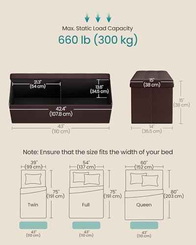 SONGMICS Storage Ottoman Bench Brown 43.3 Inch Foldable Footrest Stool - Without Flipping Lid