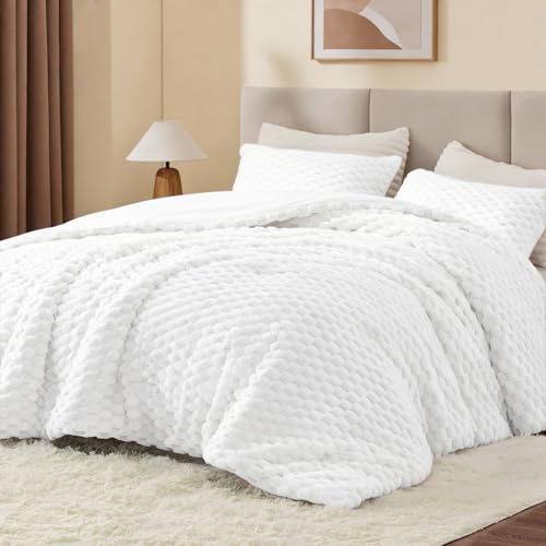 Queen Fluffy Comforter Set - Bright White Fleece Bedding 3 Pieces