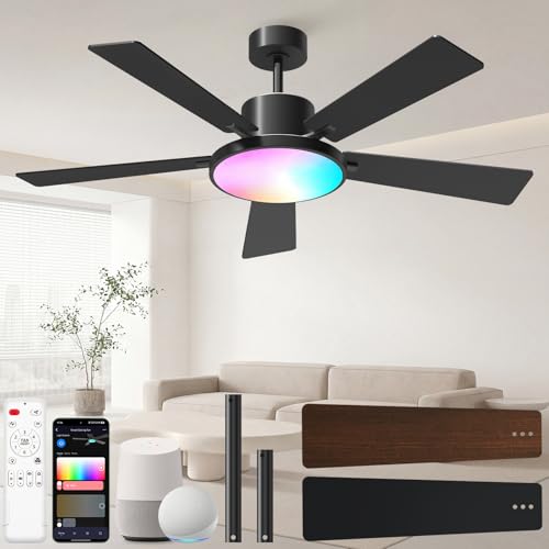 52-Inch Black Smart Ceiling Fan with Lights, Remote & App Control - Walnut/Black