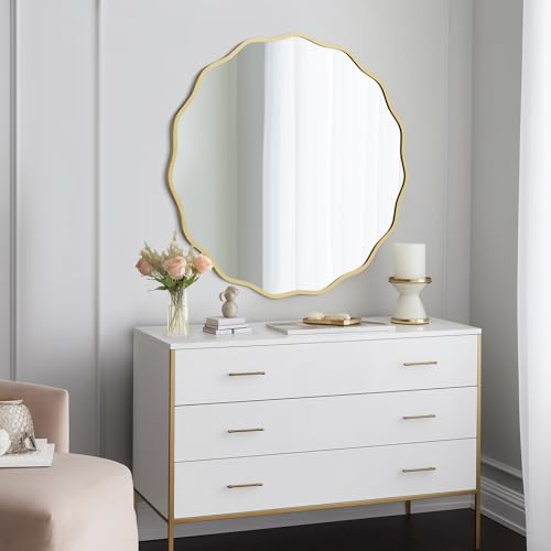 Gold 32-inch Wavy Round Wall Mirror with Aluminum Frame - Modern Bathroom & Living Room Decor