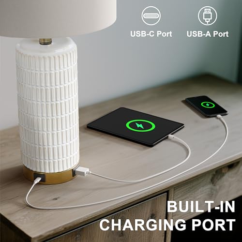 PoKat Touch Bedside Table Lamps with 2 USB Ports - Beige & White, 25 Inch