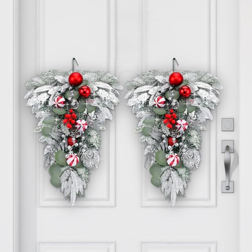FineCheer 2 Pcs Christmas Teardrop Swags 22 Inch Frosted Pine Berries - Berries Variant