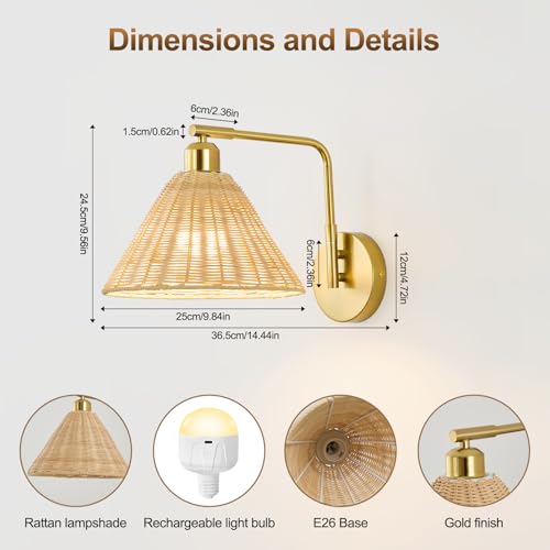 Rattan Rechargeable Wall Sconce Set of 2 - Gold Boho Swing Arm Wall Lights with Remote