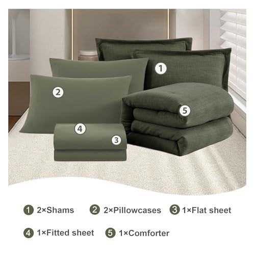 King Comforter Set - 7 Pieces Green Textured Bed in a Bag Bedding