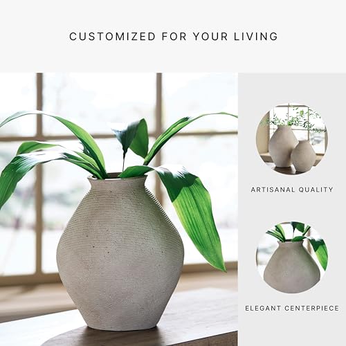Signature Design by Ashley 12-Inch Tan Ribbed Resin Decorative Vase - Handcrafted Look