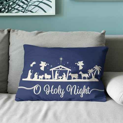 kdqua Blue Christmas Pillow Covers 12x20, Merry Christmas Jesus O Holy Night Cross Joy Star of Bethlehem Xmas Decorations Throw Pillow Covers, Seasonal Winter Cushion Case for Bedroom