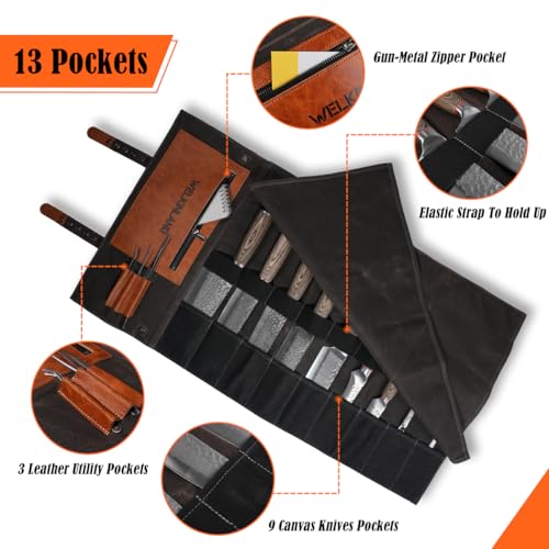 WELKINLAND Heavy-Duty Canvas Leather Knife Roll Bag with 13 Pockets