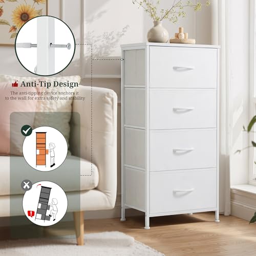 White Fabric Drawer Dresser with Wooden Top - 4 Drawers, 11.8"D x 17.7"W x 37.4"H
