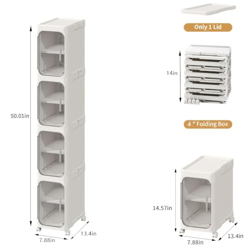Narrow Slim Bathroom Storage Cabinet with Wheels - 4-Tier White, Foldable & Adjustable Shelves