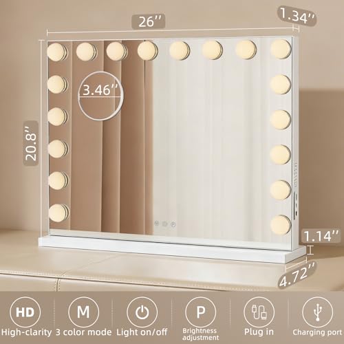 KOKZSSZ 26x20.9 Inch Hollywood Vanity Mirror with Lights, Dimmable LED, 10X Magnification, Wall & Desk Mount