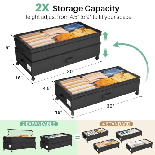 Kitstorack 2-Pack Height-Adjustable Under Bed Storage Containers with Wheels & Clear Window, Black