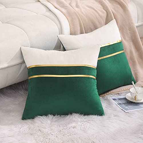 Tosleo Christmas Green Velvet Splicing Throw Pillow Covers 22x22 Inche Pack of 2 with Gold Leather,Soft Decorative Pillow Cover Farmhouse Couch Pillow Case Square Cushion Case