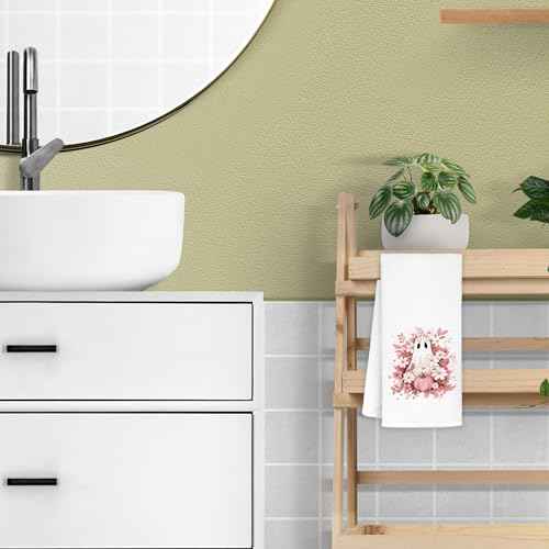 Pink Fall Floral Ghost Halloween Kitchen Towels, Pink Halloween Decor Decorative Dish Tea Hand Towels for Kitchen, Cute Ghost Decor, 16x24 Inch