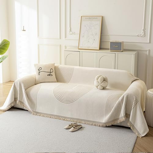 Boho Couch Cover for Sofa - 71x102 Inch Washable Chenille Protector with Variation Arc Cream