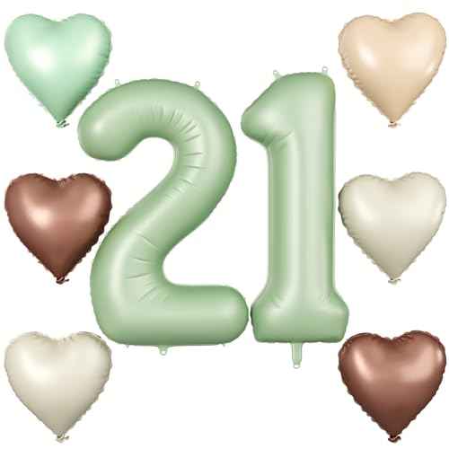 Biapian 40 Inch Sage Green Number 21 Balloons, Large Foil Number 2 & 1 Balloons with 18'' Olive Green Heart Balloon for 21st Year Old Birthday Decorations Men Women Anniversary Jungle Party Supplies