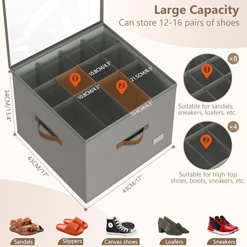 Vincona Large Grey Foldable Shoe Organizer 16-Compartment Closet Storage Bin