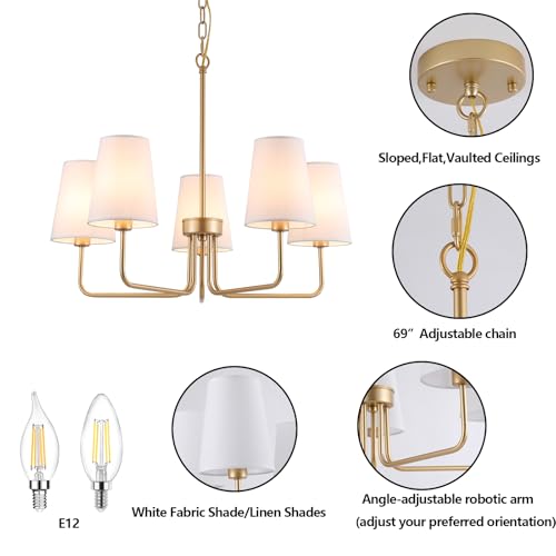 Farmhouse Gold Chandelier with 5 White Fabric Shades - Linear Island Lighting Fixture